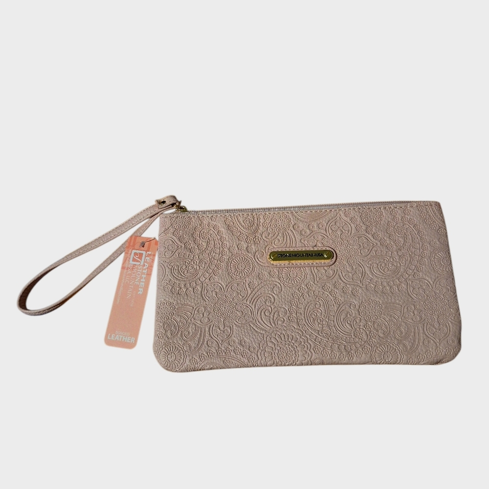 Stone Mountain Paisley Embossed Leather Wristlet Wallet Pink Blush Clutch Bag